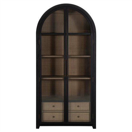 Elsa Updated Traditional Black Wood Rattan Arched China Cabinet