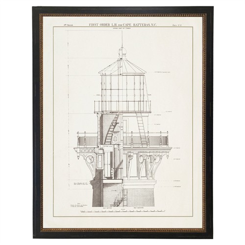 Evren Modern White Lighthouse Black Frame Gold Accent Illustration - 16x12