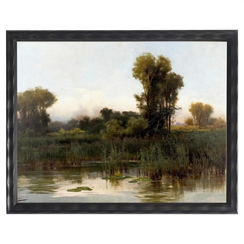 Hollis Traditional Green Lake Landscape Black Frame Painting - 12x16