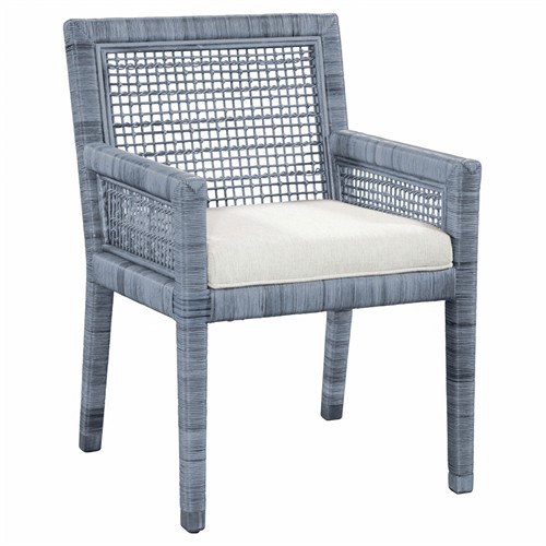 Mako Coastal Beach Blue Rattan White Performance Dining Arm Chair