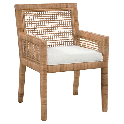Mako Coastal Beach Brown Rattan White Performance Dining Arm Chair