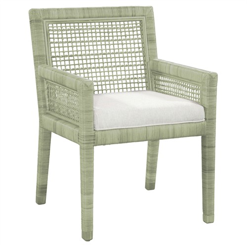 Mako Coastal Beach Green Rattan White Performance Dining Arm Chair