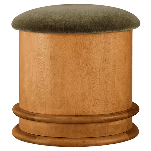 Jonathan Modern Olive Green Faux Mohair Brown Birch Round Storage Ottoman