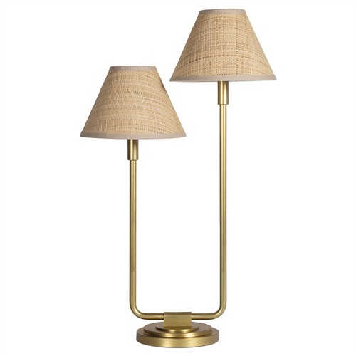 Polly Coastal Beach Rattan Shade Natural Brass Double Arm Table Lamp
