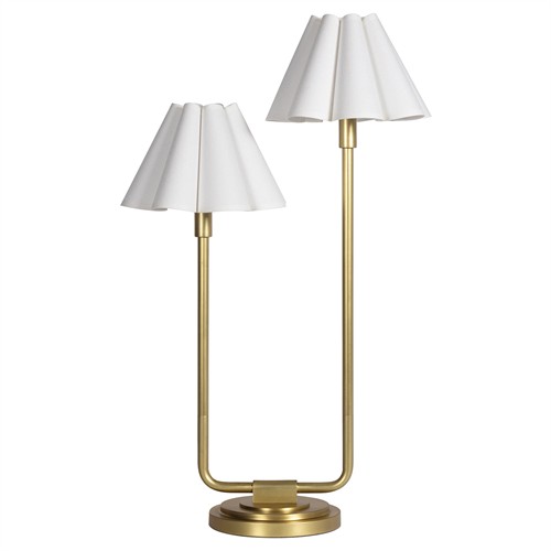 Polly French White Scalloped Linen Shade Natural Brass Double Arm Table Lamp