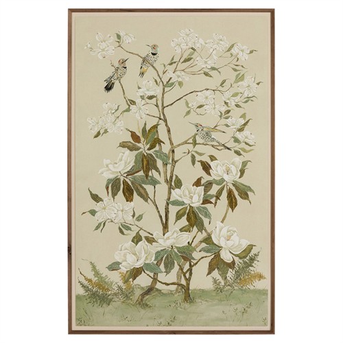 Vionna French Country Cream Floral Chinoiserie Walnut Frame Painting - 40x26