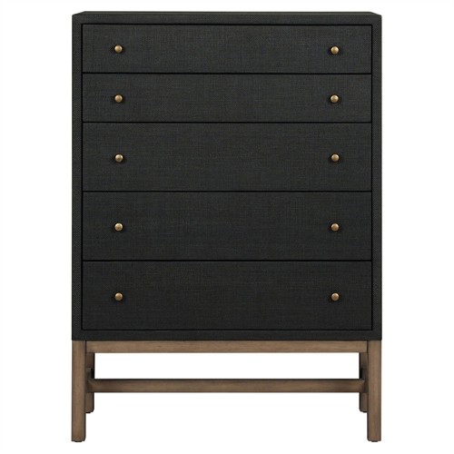 Philip Modern Classic Black Raffia Mahogany Wood Tall Dresser