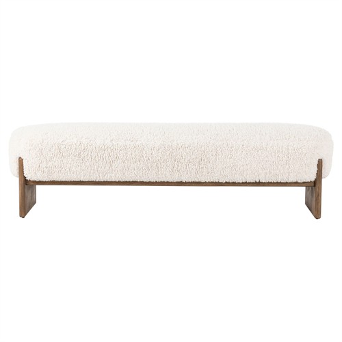 Leith Modern Classic White Fleece Brown Wood Bedroom Bench