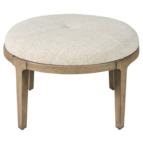 Leith Modern Classic Cream Linen Boulder Brown Wood Round Ottoman