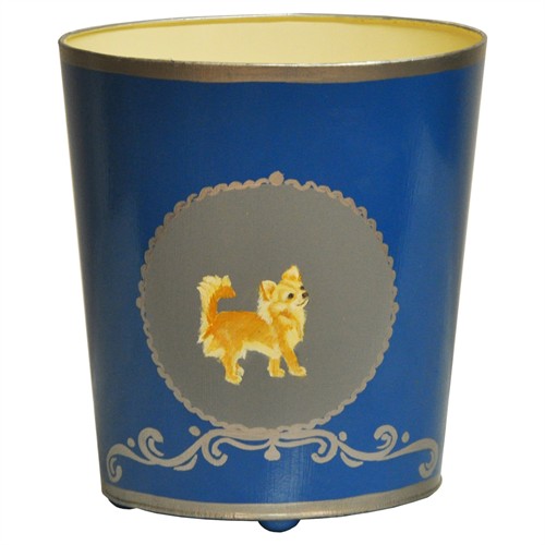 Worlds Away Chihuahua Updated Traditional Blue Waste Basket