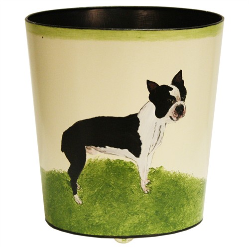 Worlds Away Boston Terrier Updated Traditional White Waste Basket