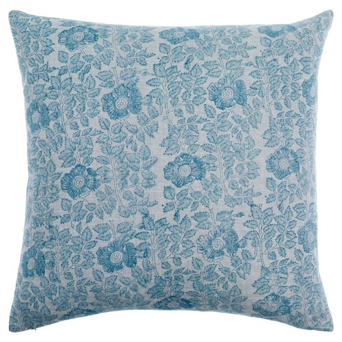 Damian Updated Traditional Blue Linen Floral Throw Pillow - 20x20