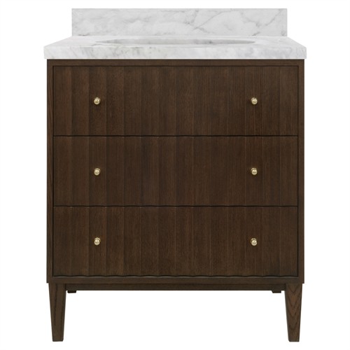 Worlds Away Odin Modern Classic White Marble Fluted Dark Brown Oak Bath Vanity Sink - 31&quot;
