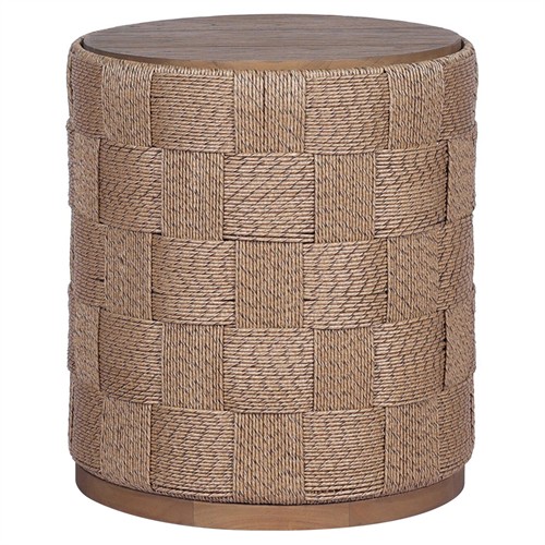 Joel Coastal Beach Stained Brown Teak Woven Round Outdoor End Table