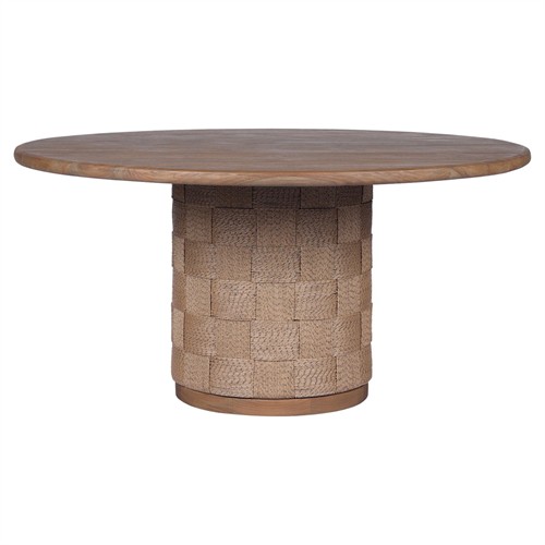 Joel Coastal Beach Stained Brown Teak Woven Round Outdoor Dining Table - 60&quot;