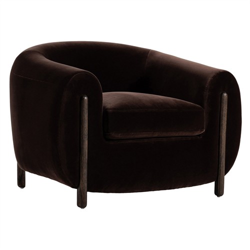 Riley Mid Century Modern Dark Brown Velvet Oak Barrel Chair