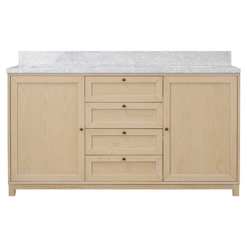 Cynthia Modern Classic Carrara Marble Bleached Oak Double Vanity Sink - 60&quot;