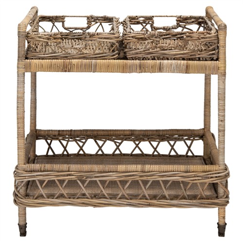 Selena Coastal Beach Grey Woven Rattan Bar Cart