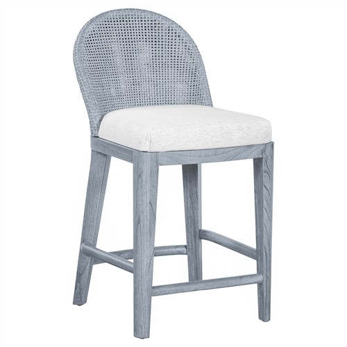 Riona Coastal Beach White Performance Blue Woven Rattan Counter Stool