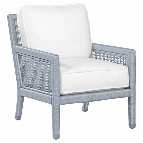 Mako Coastal Beach White Performance Blue Woven Rattan Arm Chair