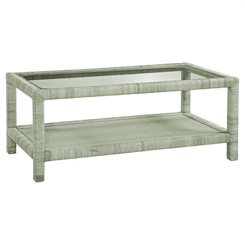 Mako Coastal Beach Green Woven Rattan Rectangular Coffee Table