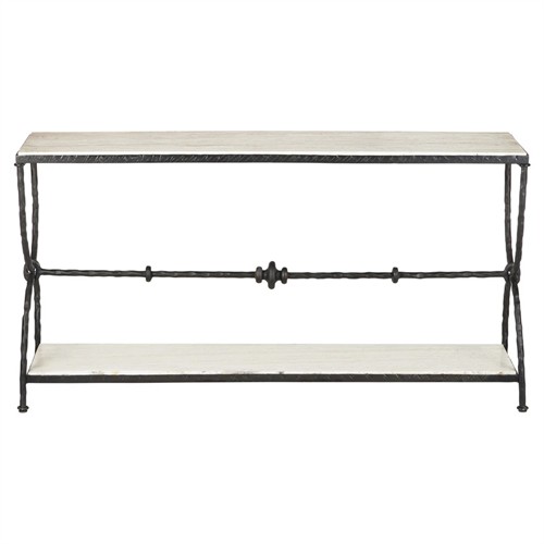Arlene Updated Traditional White Travertine Bronze Iron Rectangular Console Table