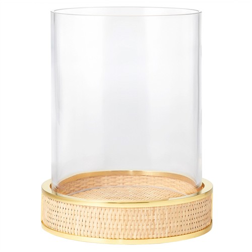 AERIN Colette Coastal Beach Natural Woven Cane Base Glass Hurricane Candleholder