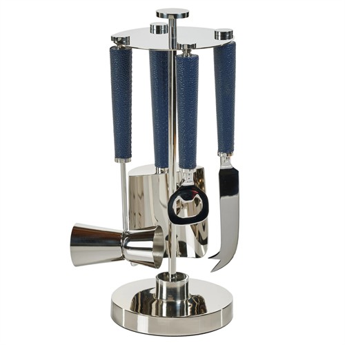 Weston Modern Classic Blue Leather Handle Polished Nickel 5 Piece Bar Tool Set
