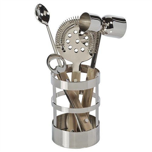 Brevan Modern Classic Beige Horn Handle Stainless Steel 5 Piece Bar Tool Set