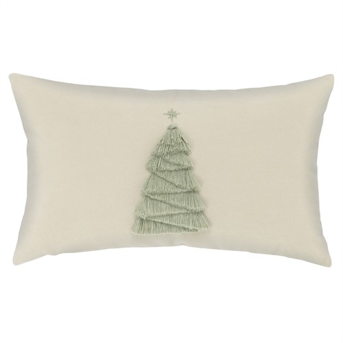 Holly Modern Classic Cream Velvet Sage Fringe Tree Performance Lumbar Pillow - 12x20
