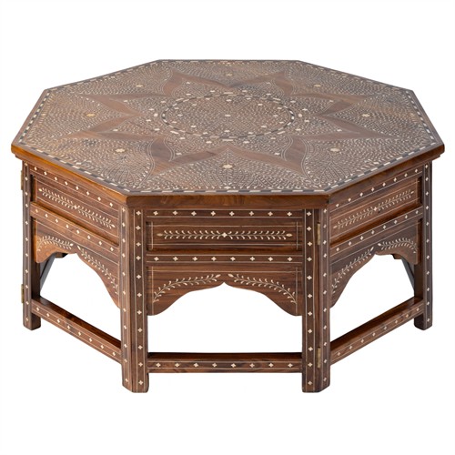 Ian Updated Traditional Brown Teak Wood Bone Inlay Coffee Table