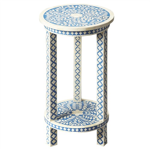 Vivianna Coastal Beach Blue White Bone Inlay Drink Table