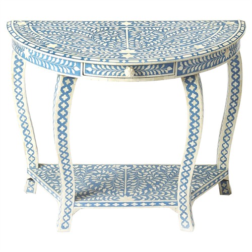 Vivianna Coastal Beach Blue White Bone Inlay Demilune Console Table