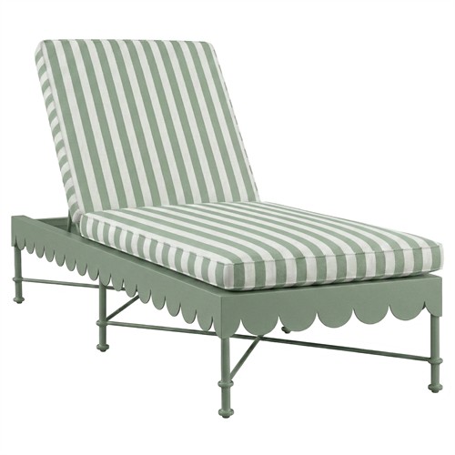 Delphine French Green Twill Stripe Sunbrella Aluminum Scalloped Outdoor Chaise