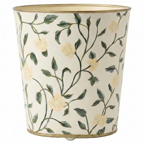 Worlds Away Elise French Country Hand-Painted Cream Floral Vine Waste Basket