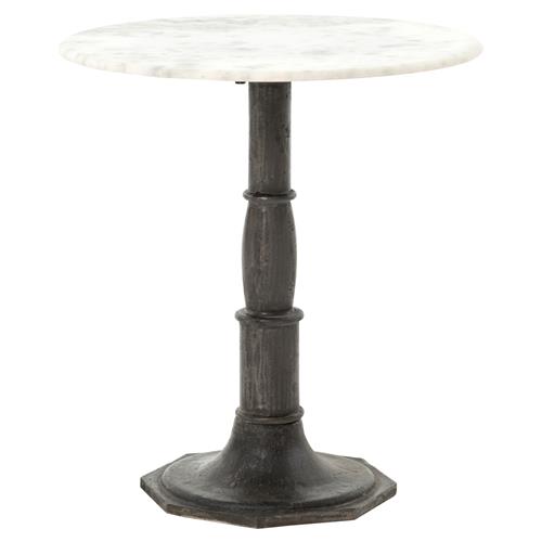 Hervey French Country White Marble Top Dark Grey Iron Pedestal Round Side Table