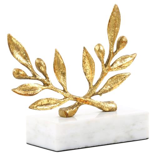 Olive Branch Gold Leaf Metal White Marble Base Sculpture