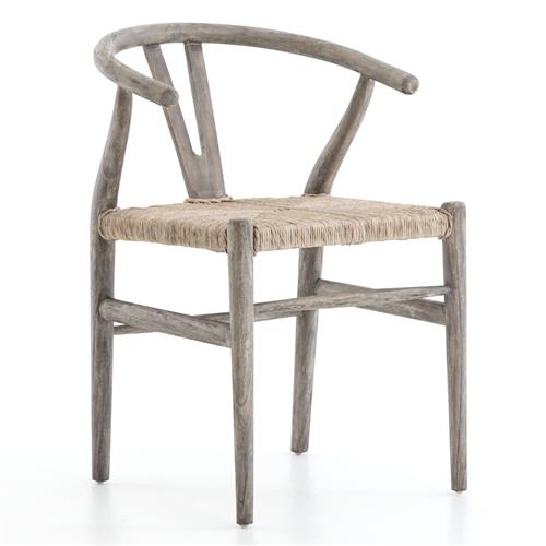 Wanda Mid Century Modern Grey Teak Beige Rattan Outdoor Dining Chair