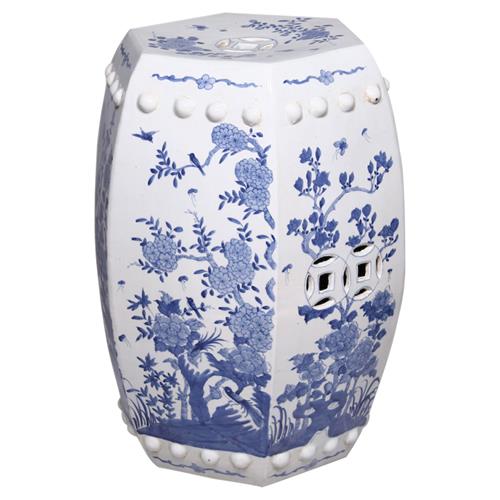 Jaden Global Bazaar Blue &amp;White Hexagonal Floral Bird Motif Outdoor Garden Stool