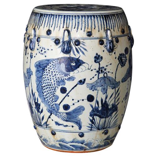 Kingyo Global Bazaar Blue White Fish Motif Outdoor Garden Stool