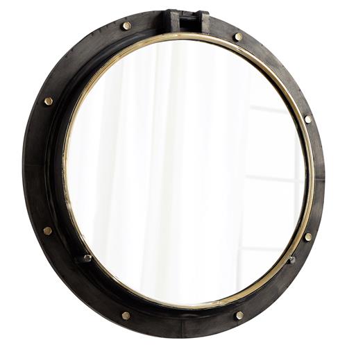 Mina Industrial Loft Rustic Bronze Gold Round Barrel Wall Mirror - 29.5D
