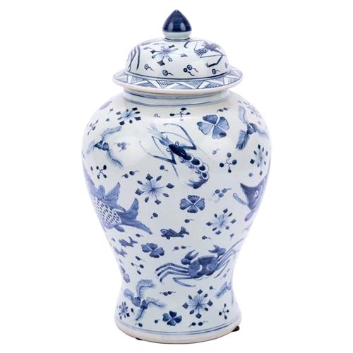 Aspen French Country Blue and White Porcelain Fish Shrimp Crab Ginger Jar