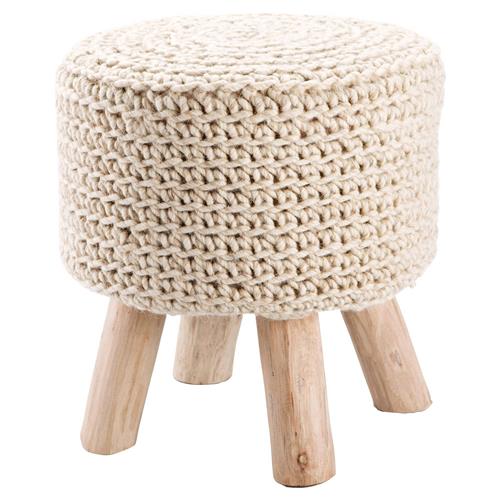 Westport Modern Round Beige Wool Upholstered Brown Wood Stool