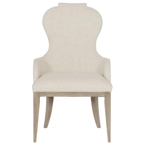 Sarabeth French Beige Upholstered Sandstone Brown Wood Rounded Dining Arm Chair