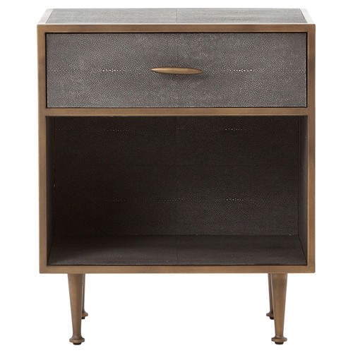 Ena Mid Century Grey Shagreen Wrapped Brass Accent Nightstand