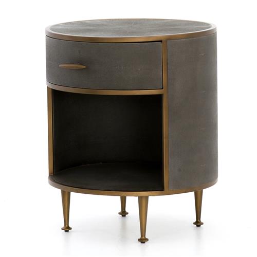 Ena Mid Century Grey Shagreen Wrapped Brass Accent Round Nightstand