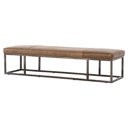 Zarro Modern Classic Brown Leather Cushion Gunmetal Iron Frame Bench