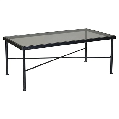 Aurore French Country Glass Top Black Metal Outdoor Coffee Table