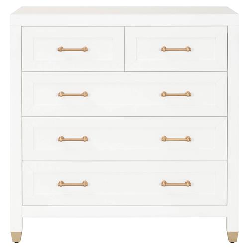 Stacy Modern Classic Matte White Wood Brass Steel 5 Drawer Dresser