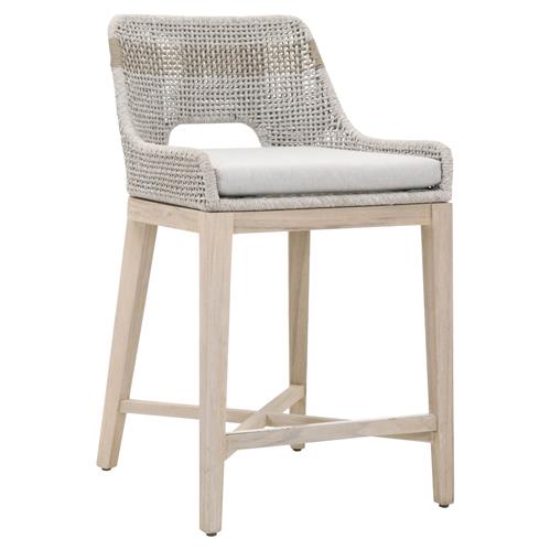 Theodore Coastal Beach Taupe Woven Cushion Solid Grey Teak Outdoor Counter Stool